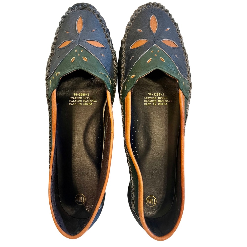 Women's Loafers Boho Blue Green Leather Cutout Slip On Loafer Flats Shoes Size11 - Picture 2 of 6